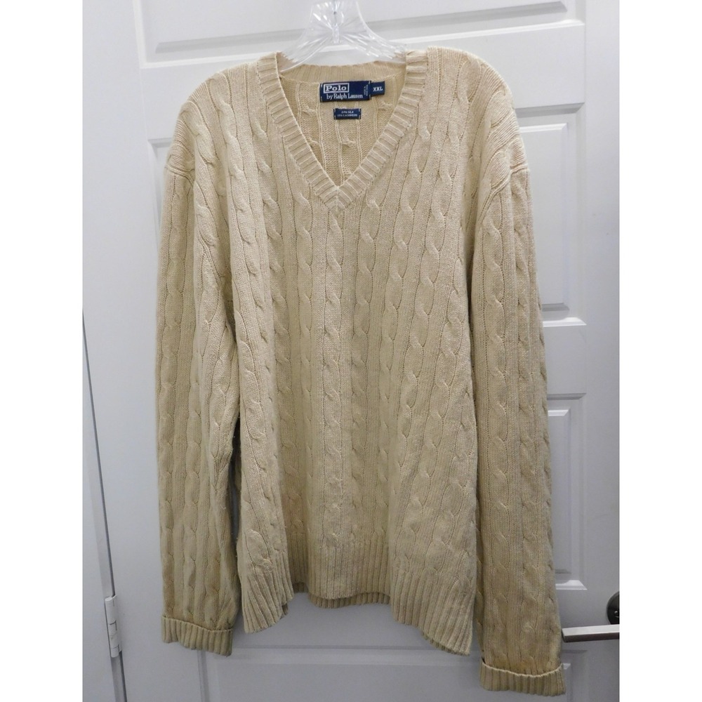 Polo Ralph Lauren Cable Knit Sweater Beige Silk Cashmere Crew Neck Mens XXL